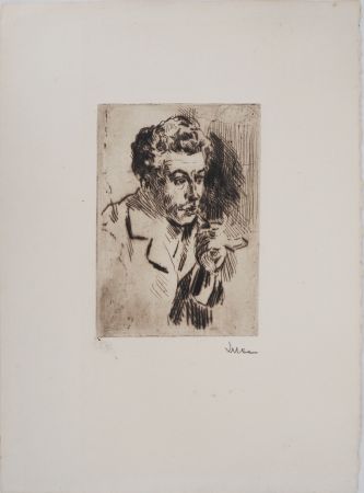 Drypoint Luce - Maximilien LUCE - Homme à la cigarette ( portrait de Jean Peské) Vers 1895 - Gravure originale signée