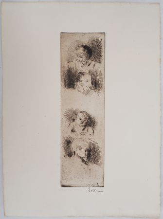Drypoint Luce - Maximilien LUCE - La Fratrie (Etude de quatre enfants) Vers 1890 - Gravure originale signée