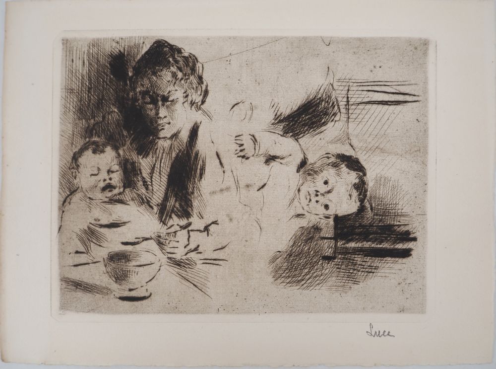 Drypoint Luce - Maximilien LUCE - Maternité : le repas et le coucher de l'enfant Vers 1895 - Gravure originale signée