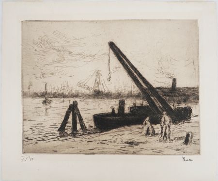 Drypoint Luce - Maximilien LUCE - Rotterdam : La grue Vers 1890 - Gravure originale signée
