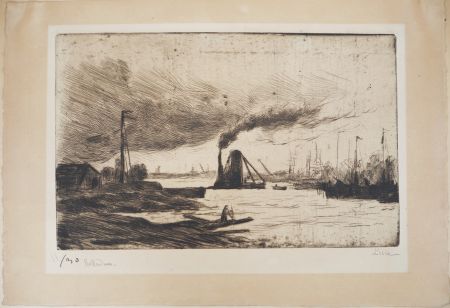 Drypoint Luce - Maximilien LUCE - Rotterdam, voiliers à quai et  fumée dans le port Vers 1890 - Gravure originale signée