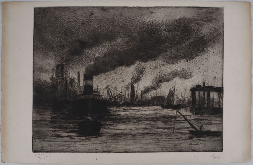 Drypoint Luce - Maximilien LUCE - Vue du port de Rotterdam Vers 1890-1895 - Gravure originale signée