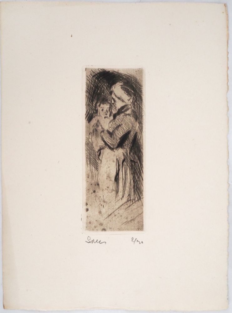 Drypoint Luce - Maximilien LUCE -Grand-mère cajolant son petit-enfant Vers 1890 -Gravure originale signée