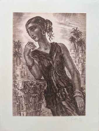 Engraving Decaris - Melancholy woman in classical landscape
