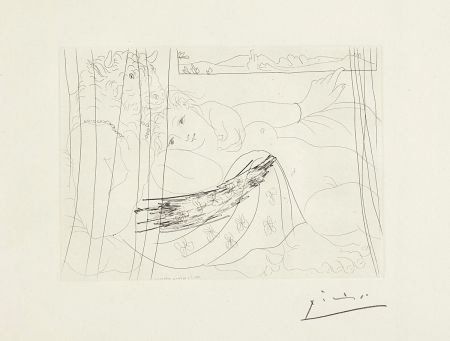 Engraving Picasso - Minotaure et jeune femme enlacés rêvant sous une fenêtre (Minotaure and Young Woman Embracing Under a Window), plate 91, from La suite Vollard