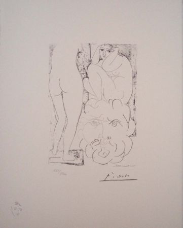 Lithograph Picasso - Modelo, escultura de espaldas y cabeza barbuda