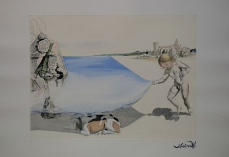 Engraving Dali - Moi-meme à l'age de six ans, soulevant avec une extreme précaution la peau de la mer pour observer un chien dormant à l'ombre de l'eau