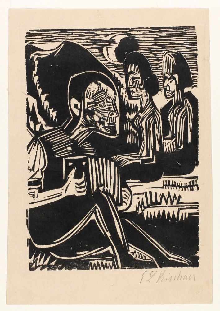 Woodcut Kirchner - Mondnacht (Selfportrait with accordion)