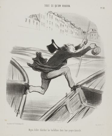 Lithograph Daumier - Moyen d'aller chercher les barbillons dans leur propre domicile 