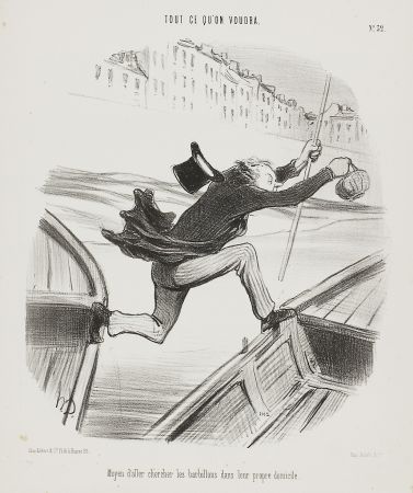 Lithograph Daumier - Moyen d'aller chercher les barbillons dans leur propre domicile (The best way to catch fish in their own environment)