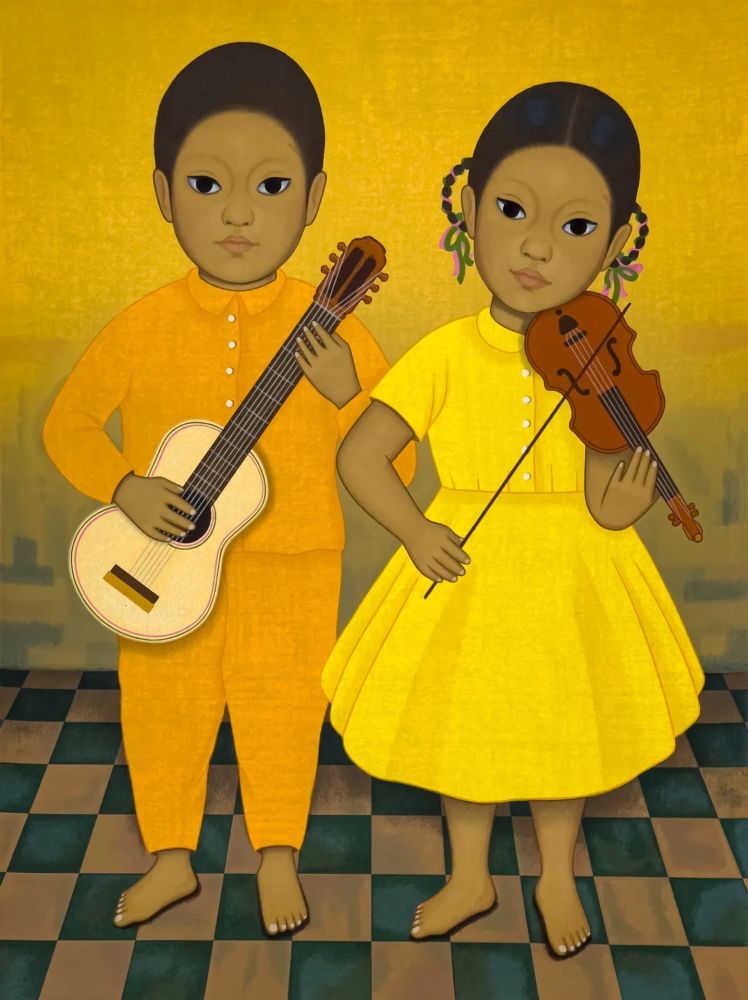 Screenprint Montoya - Músicos, Chica y nino sosteniendo instrumentos de cuerda