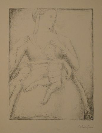 Lithograph Auberjonois - Mutter mit Kindern / Femme et deux enfants