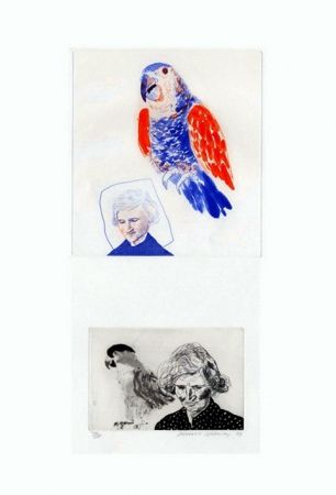 Etching Hockney - My mother with a parrot