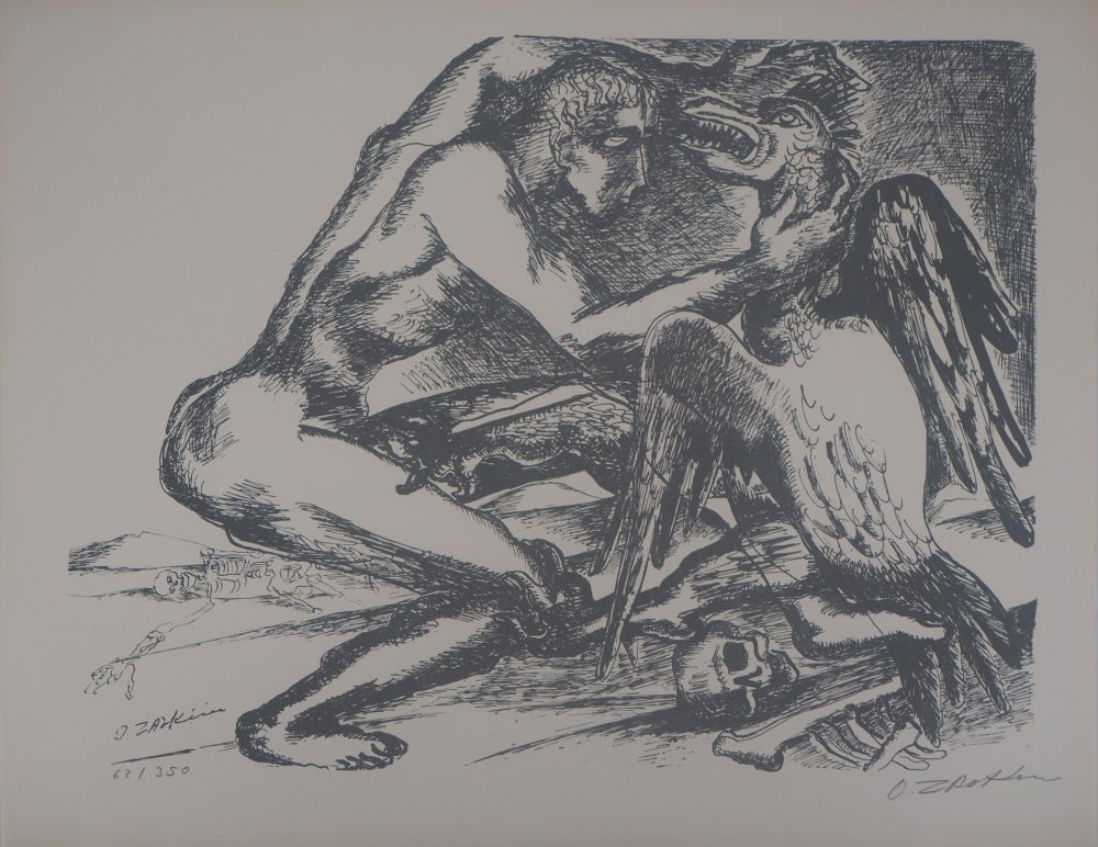 Lithograph Zadkine -  Mythologique Hercule lutte contre un oiseau du lac de Stymphale