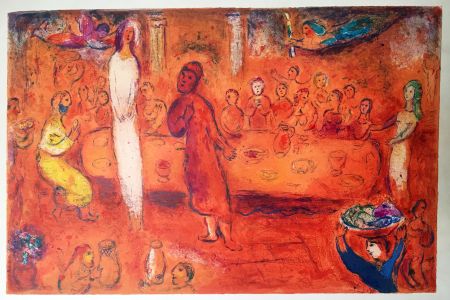Lithograph Chagall - MÉGACLÈS RECONNAIT SA FILLE PENDANT LE FESTIN  (Daphnis & Chloé - 1961)