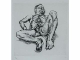 Engraving Freud - Naked man on a bed