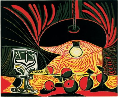Linocut Picasso - Nature morte au verre sous la lampe