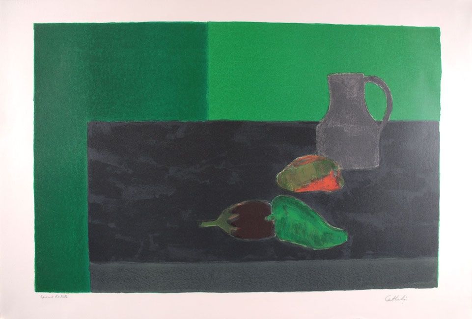 Lithograph Cathelin - Nature morte noire et verte aux poivrons - Still Life in black and green with peppers