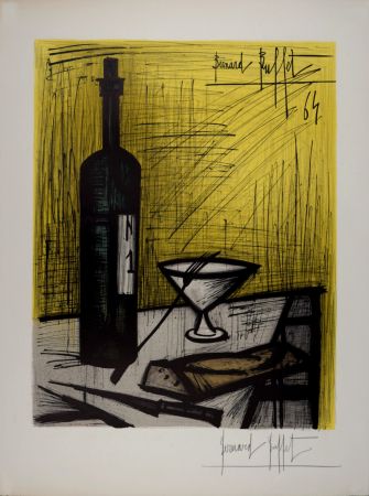Lithograph Buffet - Nature morte à la bouteille de vin et au pain, 1964 - Hand-signed