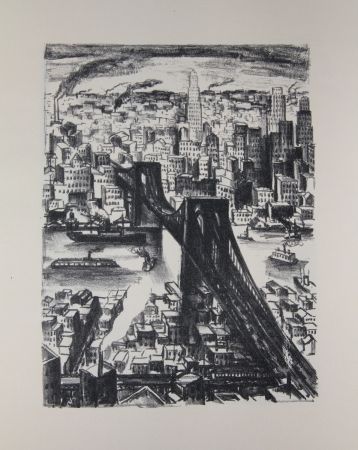 Lithograph Lubbers - NEW-YORK - BROOKLYN BRIDGE / LE PONT DE BROOKLYN