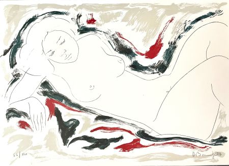 Lithograph Bonnefoit - Nu allongé sur fond noir et rouge