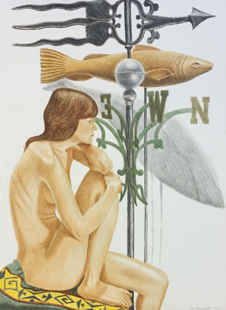 Lithograph Pearlstein - NUDE MODEL WITH BANNER AND FISH WEATHERVANE