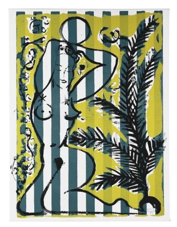 Screenprint Szczesny - Nude with Palms on Green Stripes
