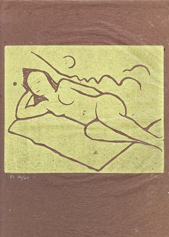 Linocut Casorati - Nudo sdraiato sulla coperta