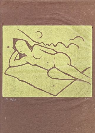 Linocut Casorati - Nudo sdraiato sulla coperta