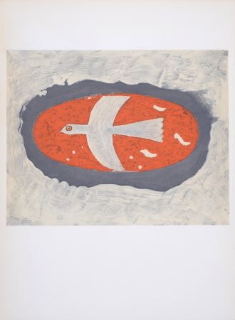 Lithograph Braque - Oiseau blanc sur fond rouge, 1967