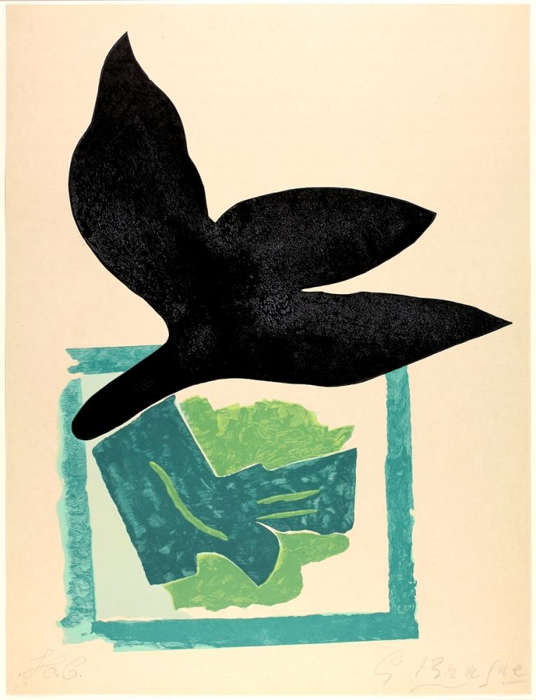 Woodcut Braque - Oiseau noir sur fond vert 