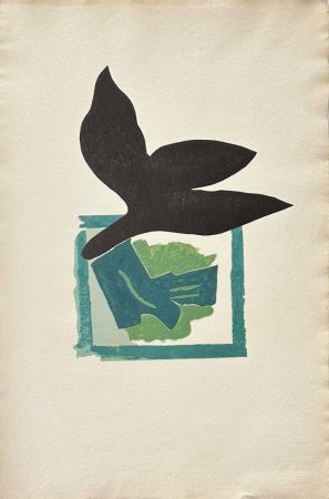 Woodcut Braque - Oiseau noir sur fond vert