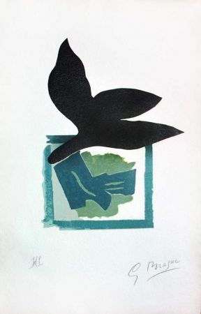 Woodcut Braque - Oiseau noir sur fond vert