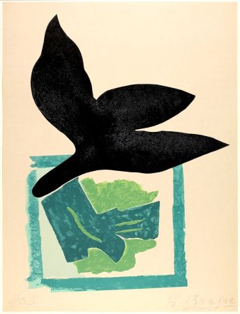 Woodcut Braque - Oiseau noir sur fond vert 