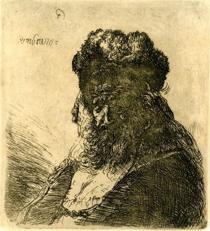 Etching Rembrandt - 	Old Bearded Man in a High Fur Cap, with Eyes Closed, c. 1635