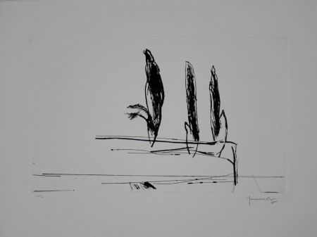 Drypoint Hernandez Pijuan - Paisatge amb xiprers VI / Landscape with Cypresses VI