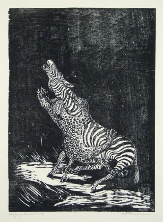 Woodcut Klemm - Panther und Zebra 