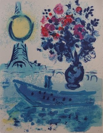 Lithograph Chagall - Paris : Bateau mouche au bouquet  - La Seine