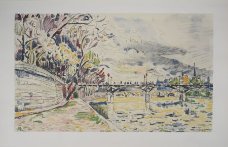 Lithograph Signac - Paris : La Passerelle des Arts vue des Quais de la Seine