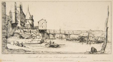 Etching Meryon - Passerelle du Pont-au-Change, Paris, après l'incendie de 1621