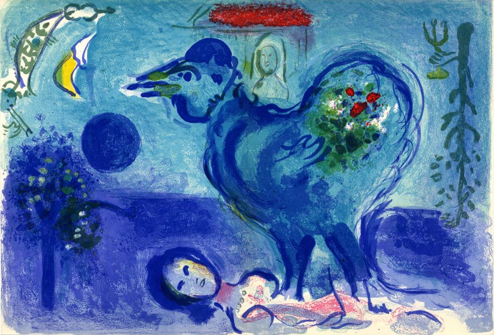 Lithograph Chagall - PAYSAGE AU COQ (Landscape with rooster) 1958.