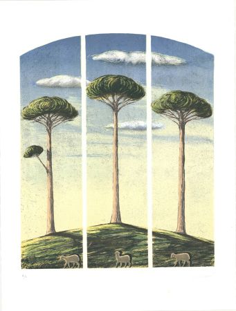 Lithograph Lazzeri - Pecore al albero