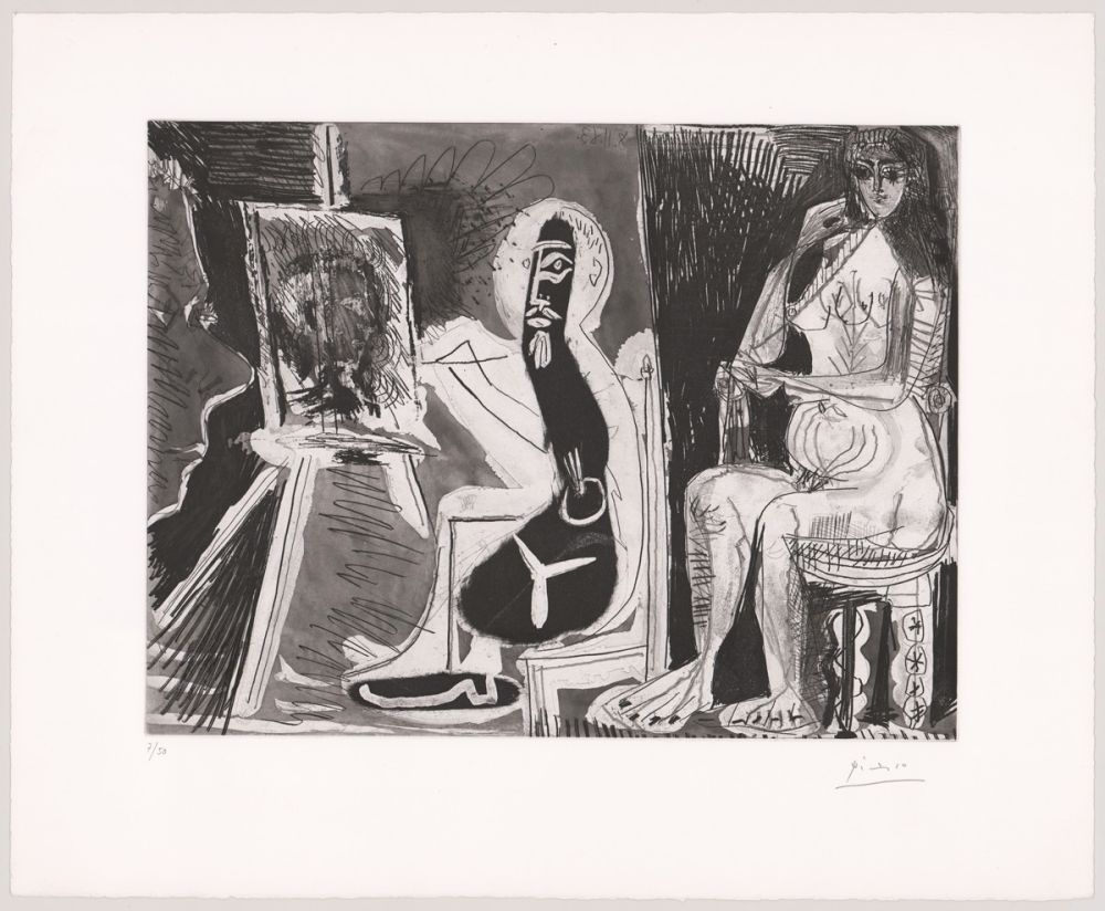 Etching And Aquatint Picasso - Peintre avec le portrait d'un jeune garçon, dans son atelier. 