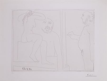 Etching Picasso - Peintre et modele de dos, avec un spectateur