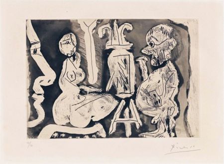 Engraving Picasso - Peintre et modèle avec un spectateur