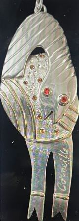 No Technical Corneille - Pendentif L'Oiseau - Serpent  - Bijou d'artiste en Argent, pierres de couleurs et filets d'or. Pièce Unique