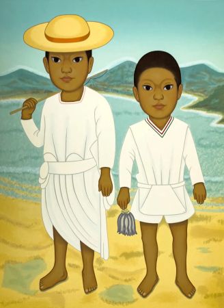 Screenprint Montoya - Pescadores, dos ninos con arte de pesca
