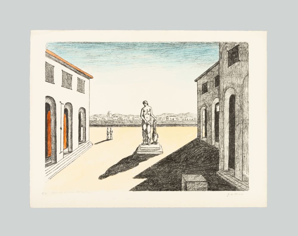 Lithograph De Chirico - Piazza d'Italia con efebo