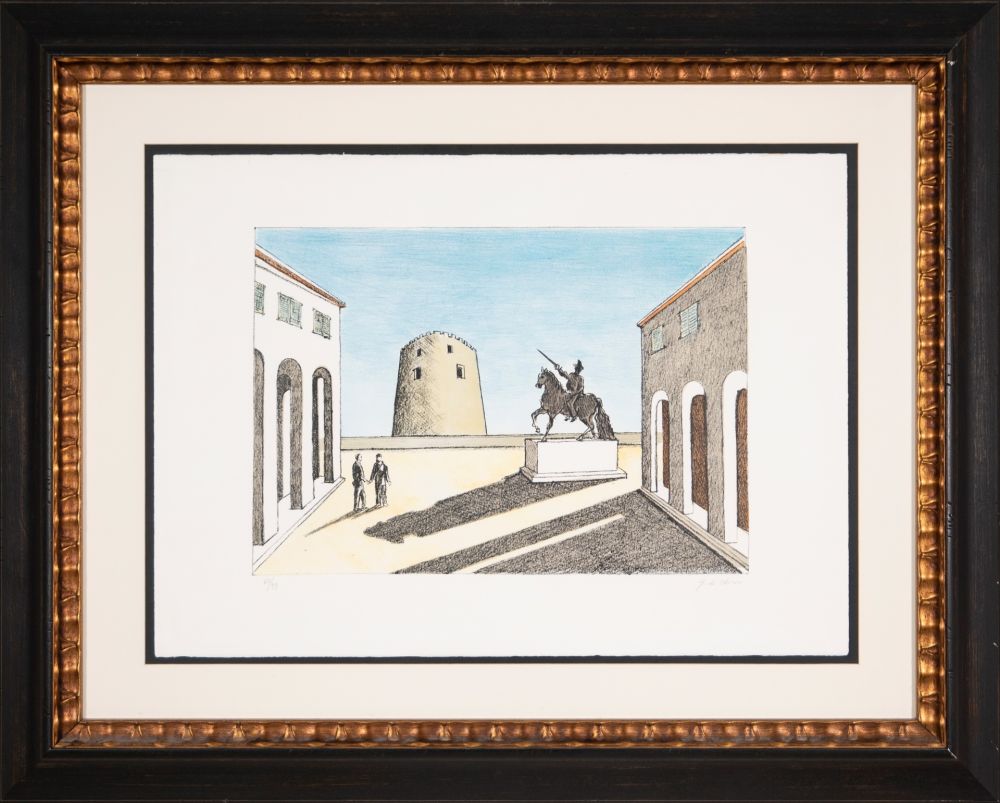 Lithograph De Chirico - Piazza d'Italia con statua equestre