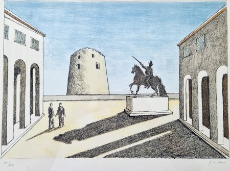 Lithograph De Chirico - Piazza d'Italia con statua equestre.